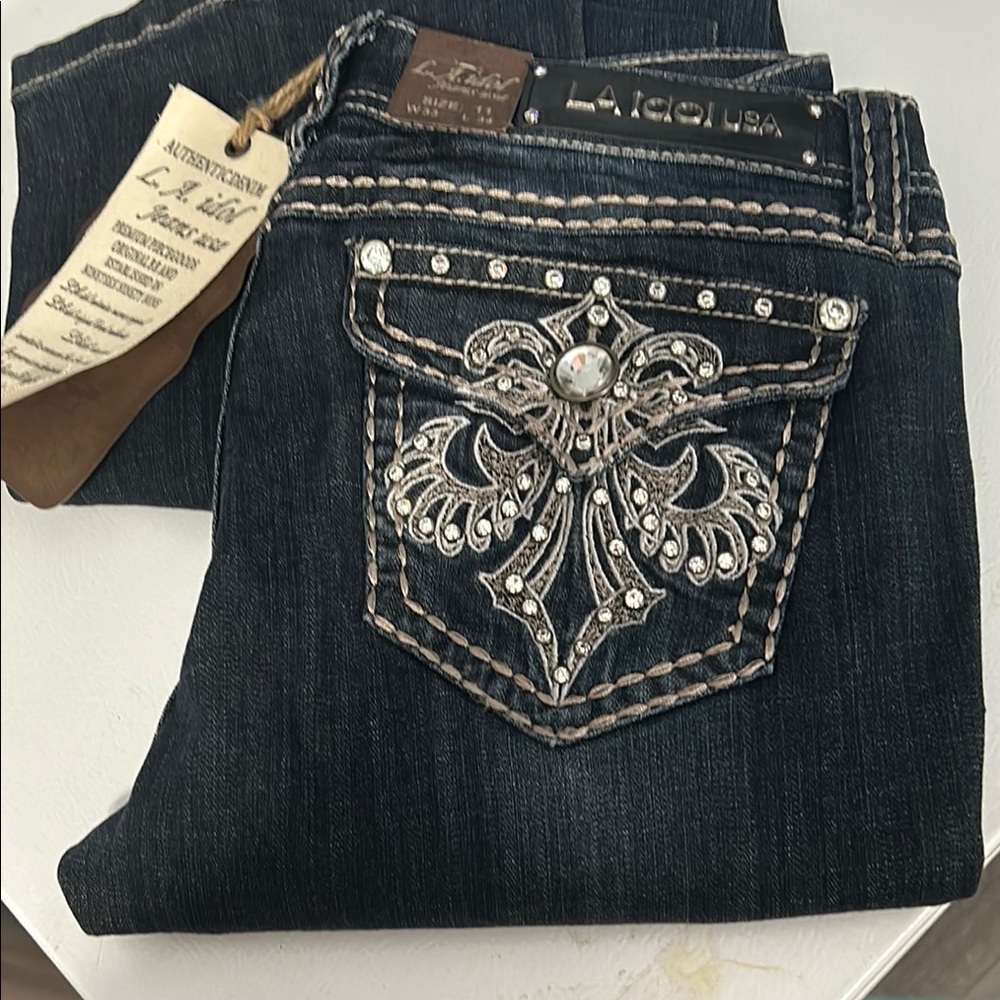 L.A. Idol Silver Jeans with Decorative Back Pocket and Rhinestone Embellishments